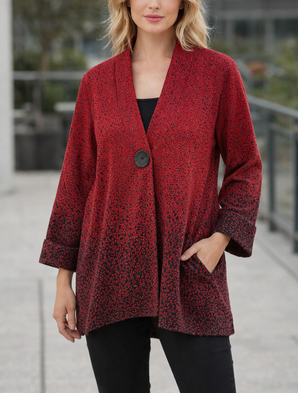 Ali Miles Jacket Womens L Red Black Ombre Dots Relaxed Asymmetrical Artsy Chic